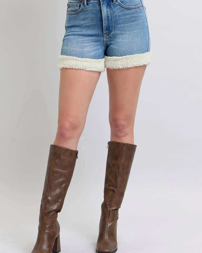 Judy Blue High Waist Tummy Control Shearling Cuff Denim Shorts 150290 - Sleekdenim.com