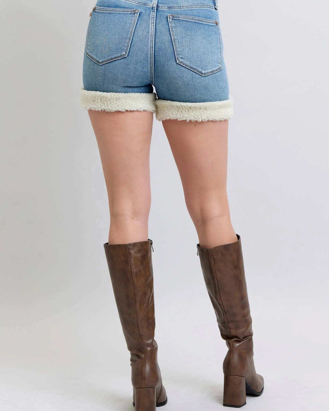 Judy Blue High Waist Tummy Control Shearling Cuff Denim Shorts 150290 - Sleekdenim.com