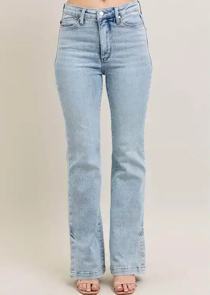 Judy Blue High Waist Tummy Control Vintage Wash Side Slit Slim Bootcut Denim Jeans 88951 - Sleekdenim.com