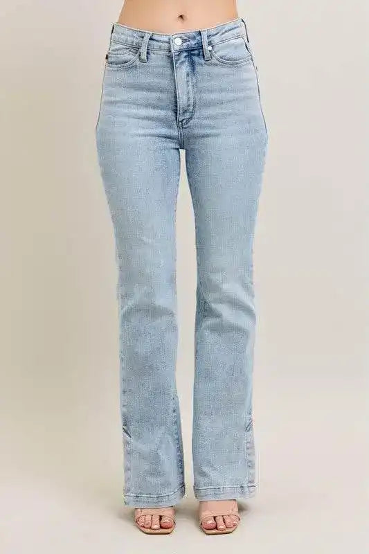 Judy Blue High Waist Tummy Control Vintage Wash Side Slit Slim Bootcut Denim Jeans 88951 - Sleekdenim.com