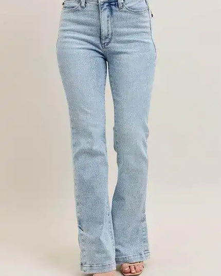 Judy Blue High Waist Tummy Control Vintage Wash Side Slit Slim Bootcut Denim Jeans 88951 - Sleekdenim.com