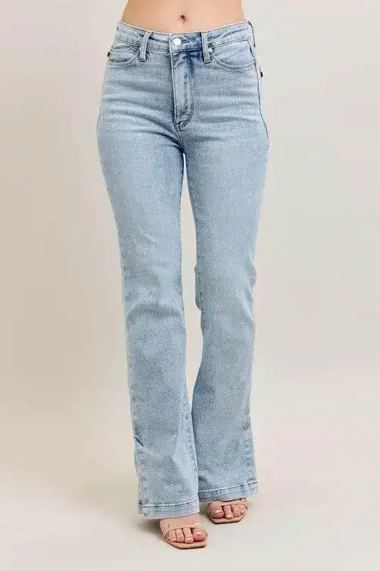 Judy Blue High Waist Tummy Control Vintage Wash Side Slit Slim Bootcut Denim Jeans 88951 - Sleekdenim.com