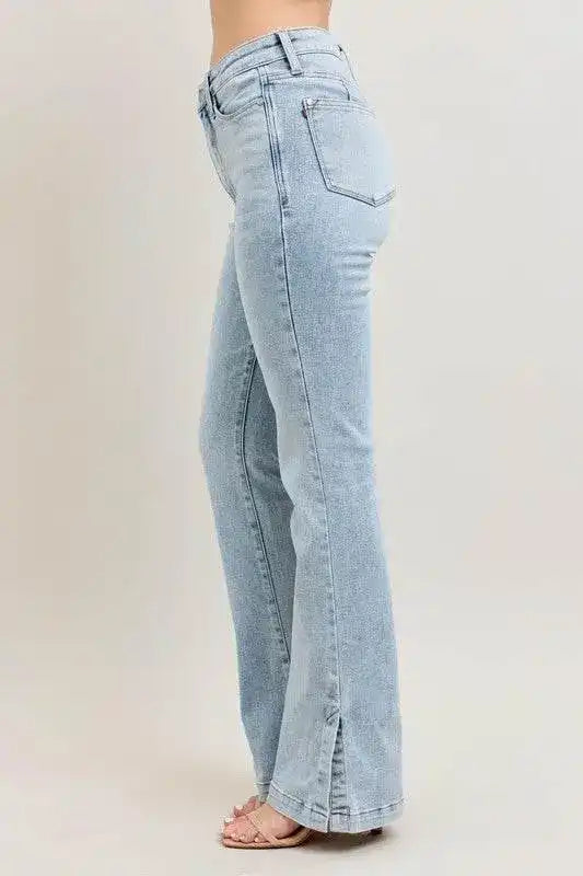 Judy Blue High Waist Tummy Control Vintage Wash Side Slit Slim Bootcut Denim Jeans 88951 - Sleekdenim.com