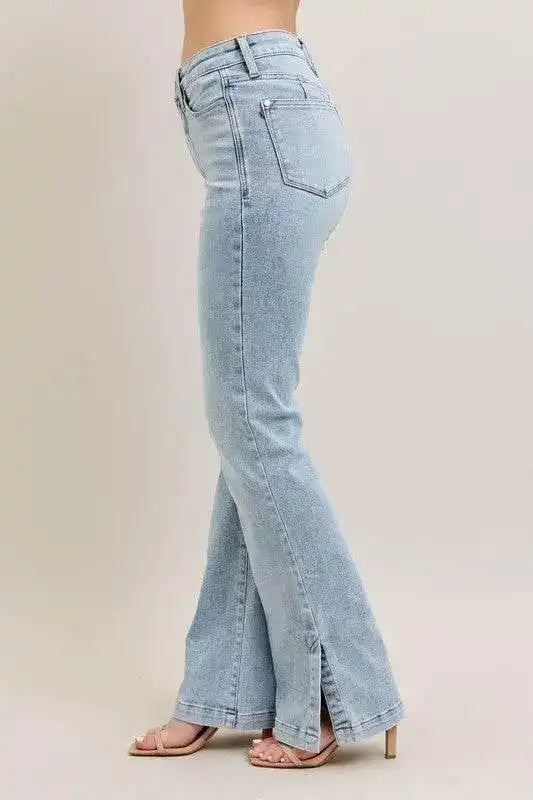 Judy Blue High Waist Tummy Control Vintage Wash Side Slit Slim Bootcut Denim Jeans 88951 - Sleekdenim.com