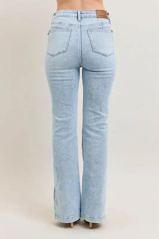 Judy Blue High Waist Tummy Control Vintage Wash Side Slit Slim Bootcut Denim Jeans 88951 - Sleekdenim.com