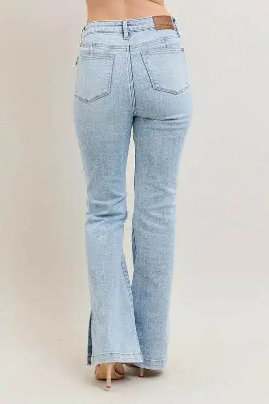 Judy Blue High Waist Tummy Control Vintage Wash Side Slit Slim Bootcut Denim Jeans 88951 - Sleekdenim.com