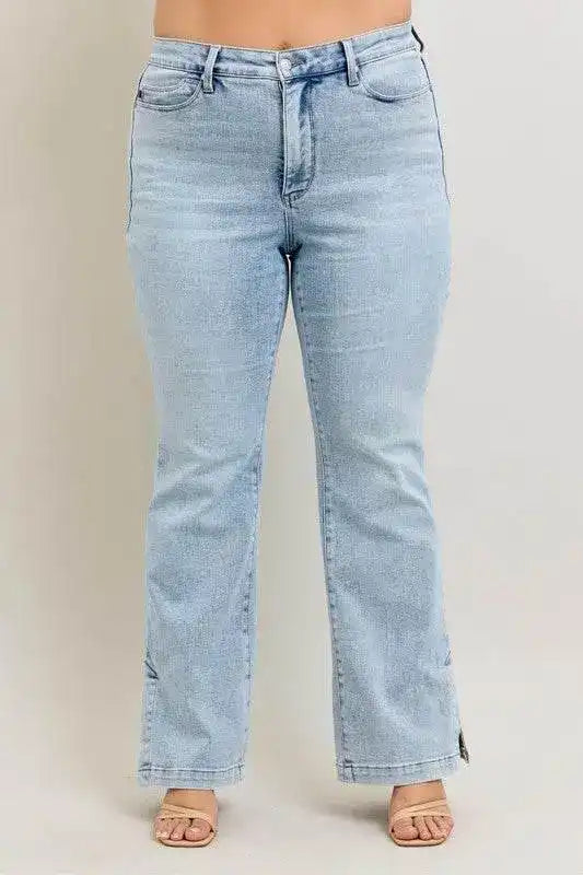 Judy Blue High Waist Tummy Control Vintage Wash Side Slit Slim Bootcut Denim Jeans 88951 - Sleekdenim.com