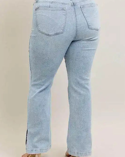 Judy Blue High Waist Tummy Control Vintage Wash Side Slit Slim Bootcut Denim Jeans 88951 - Sleekdenim.com