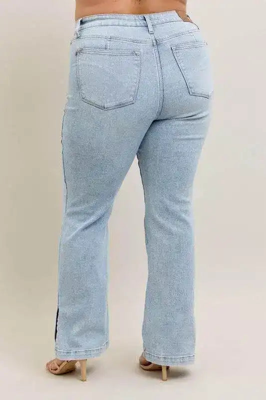 Judy Blue High Waist Tummy Control Vintage Wash Side Slit Slim Bootcut Denim Jeans 88951 - Sleekdenim.com