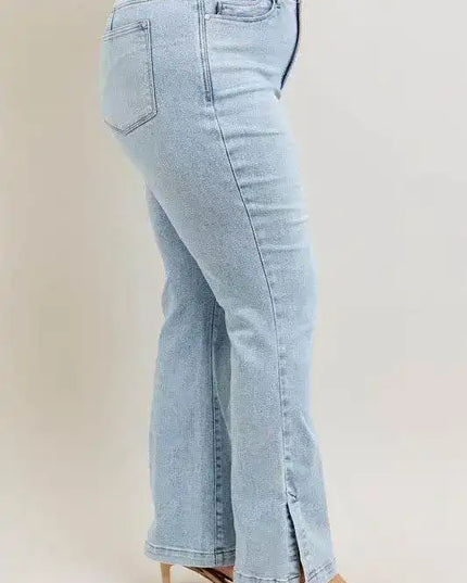Judy Blue High Waist Tummy Control Vintage Wash Side Slit Slim Bootcut Denim Jeans 88951 - Sleekdenim.com