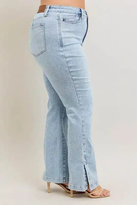 Judy Blue High Waist Tummy Control Vintage Wash Side Slit Slim Bootcut Denim Jeans 88951 - Sleekdenim.com