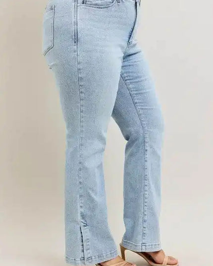Judy Blue High Waist Tummy Control Vintage Wash Side Slit Slim Bootcut Denim Jeans 88951 - Sleekdenim.com
