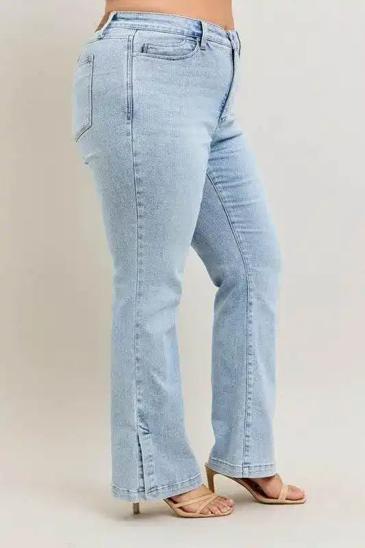 Judy Blue High Waist Tummy Control Vintage Wash Side Slit Slim Bootcut Denim Jeans 88951 - Sleekdenim.com