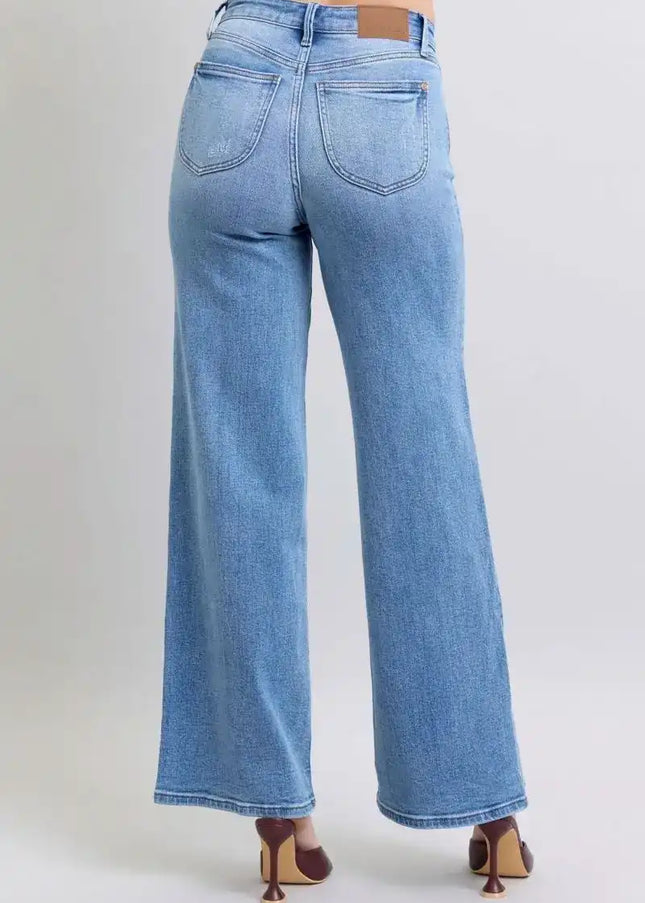Judy Blue High Waist Vintage Wash Retro Wide Leg Denim Jeans 82625 - Sleekdenim.com