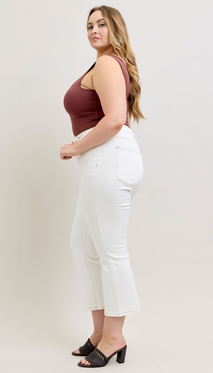 Judy Blue Contrast Stitching Cropped Flare Perfect White Jeans 881080