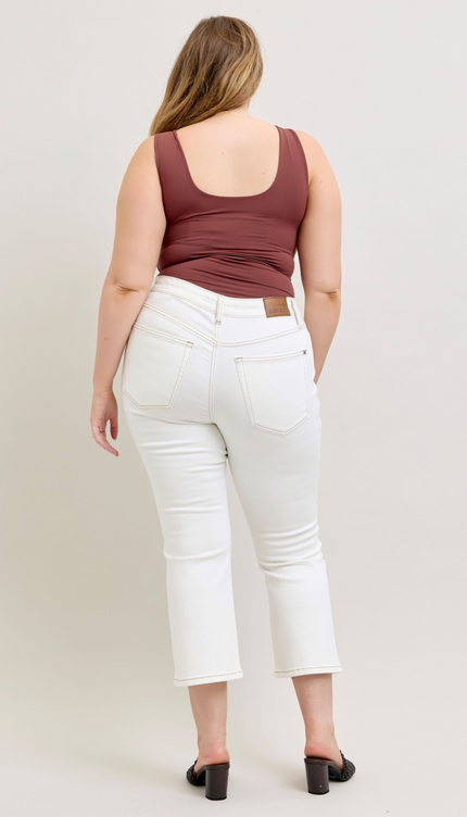 Judy Blue Contrast Stitching Cropped Flare Perfect White Jeans 881080