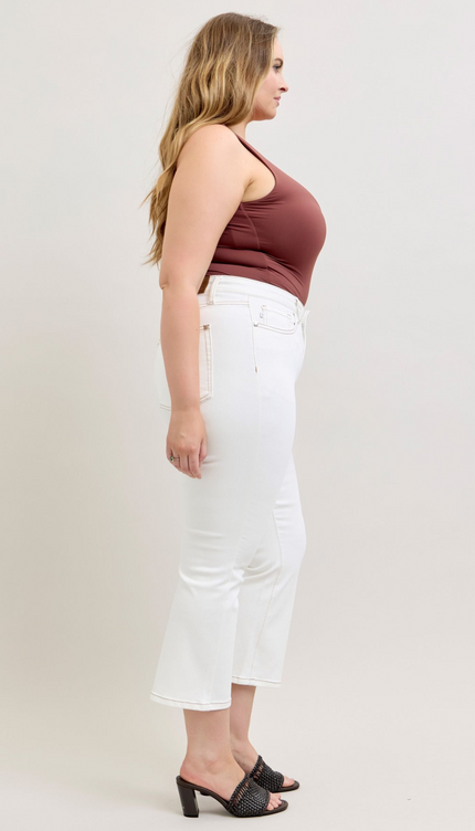 Judy Blue Contrast Stitching Cropped Flare Perfect White Jeans 881080