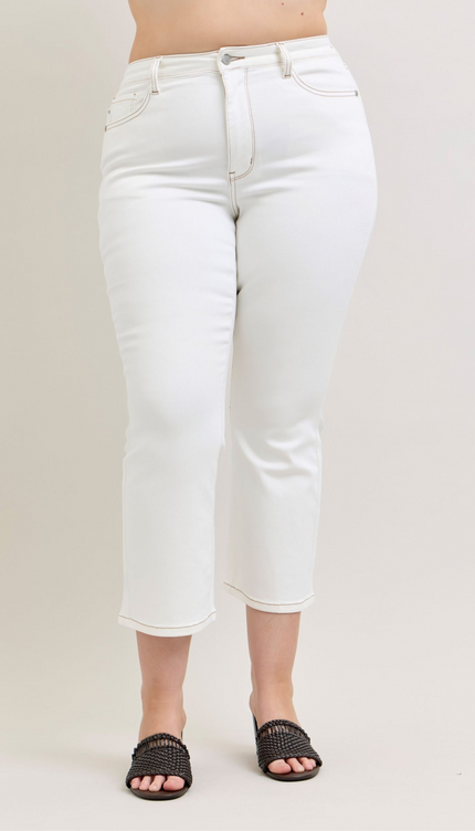 Judy Blue Contrast Stitching Cropped Flare Perfect White Jeans 881080