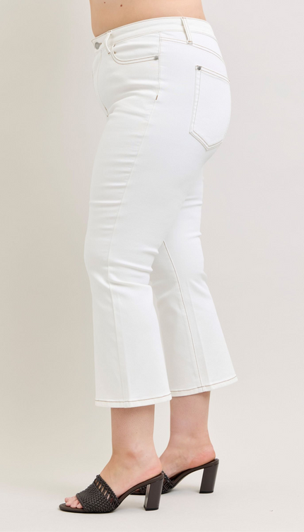 Judy Blue Contrast Stitching Cropped Flare Perfect White Jeans 881080