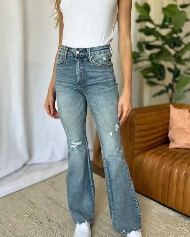 Judy Blue Medium Rise Tummy Control Destroy Flare Jeans 88594 - Sleekdenim.com