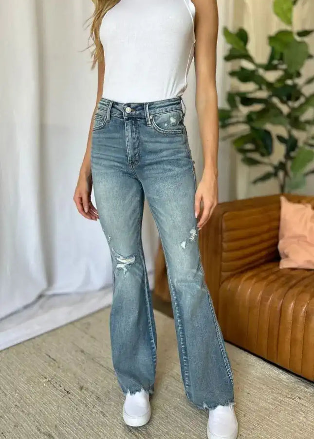 Judy Blue Medium Rise Tummy Control Destroy Flare Jeans 88594 - Sleekdenim.com