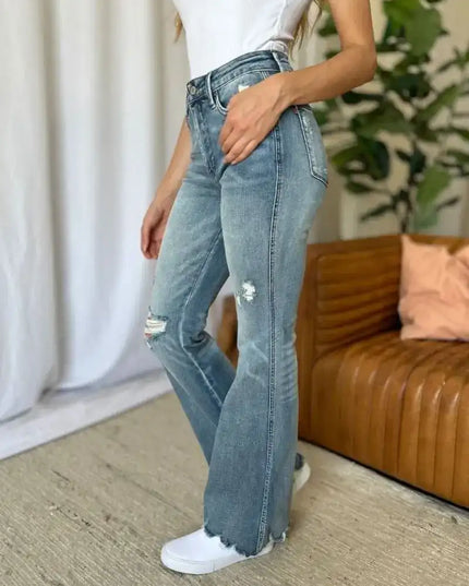 Judy Blue Medium Rise Tummy Control Destroy Flare Jeans 88594 - Sleekdenim.com