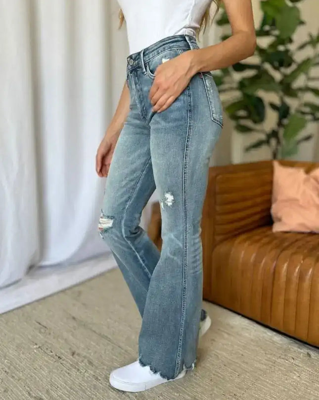 Judy Blue Medium Rise Tummy Control Destroy Flare Jeans 88594 - Sleekdenim.com