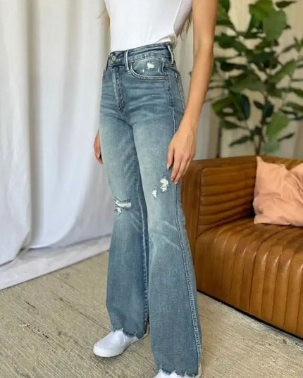 Judy Blue Medium Rise Tummy Control Destroy Flare Jeans 88594 - Sleekdenim.com