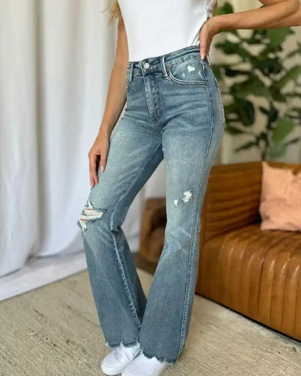 Judy Blue Medium Rise Tummy Control Destroy Flare Jeans 88594 - Sleekdenim.com