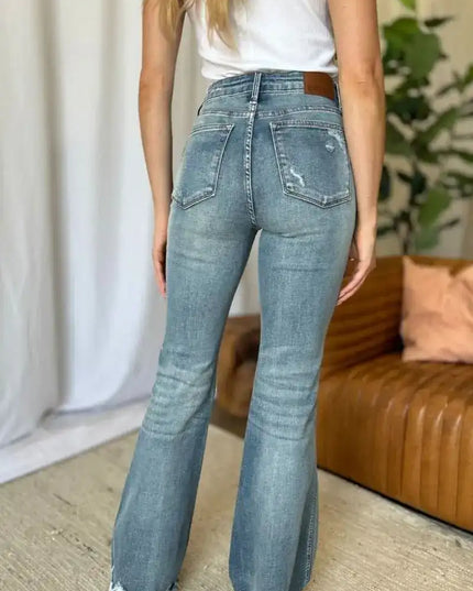 Judy Blue Medium Rise Tummy Control Destroy Flare Jeans 88594 - Sleekdenim.com