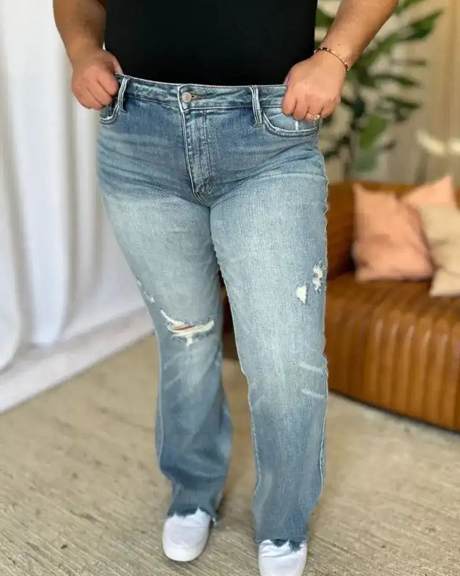 Judy Blue Medium Rise Tummy Control Destroy Flare Jeans 88594 - Sleekdenim.com