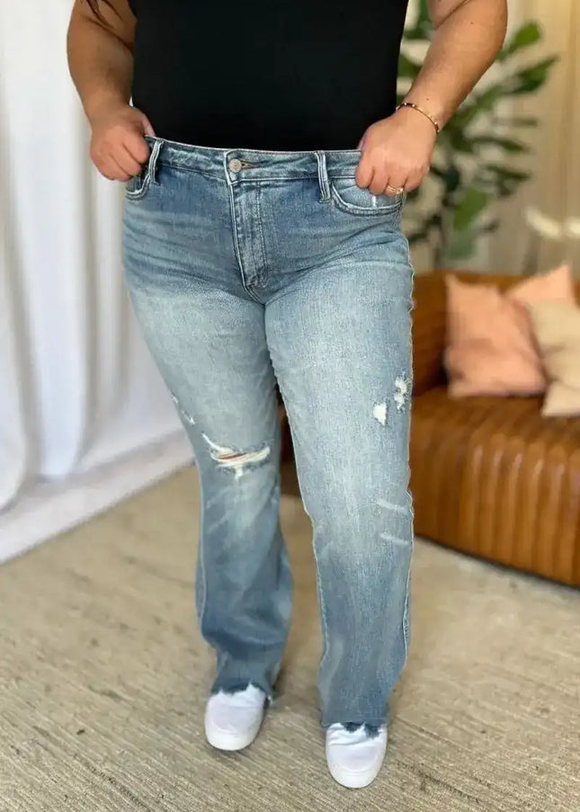 Judy Blue Medium Rise Tummy Control Destroy Flare Jeans 88594 - Sleekdenim.com