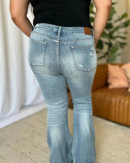 Judy Blue Medium Rise Tummy Control Destroy Flare Jeans 88594 - Sleekdenim.com