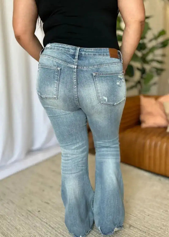 Judy Blue Medium Rise Tummy Control Destroy Flare Jeans 88594 - Sleekdenim.com