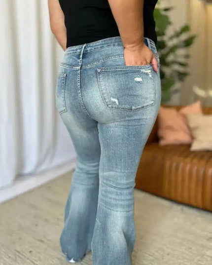 Judy Blue Medium Rise Tummy Control Destroy Flare Jeans 88594 - Sleekdenim.com