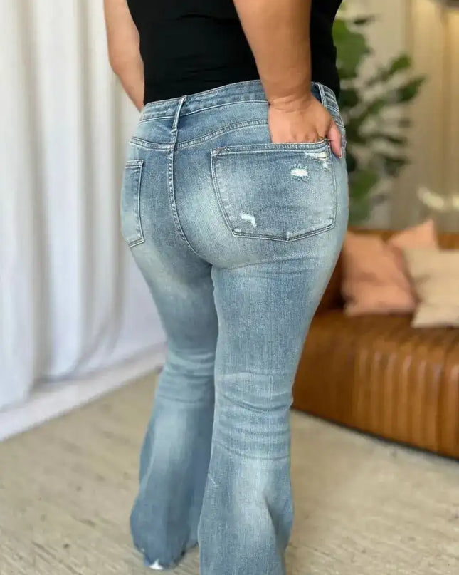 Judy Blue Medium Rise Tummy Control Destroy Flare Jeans 88594 - Sleekdenim.com