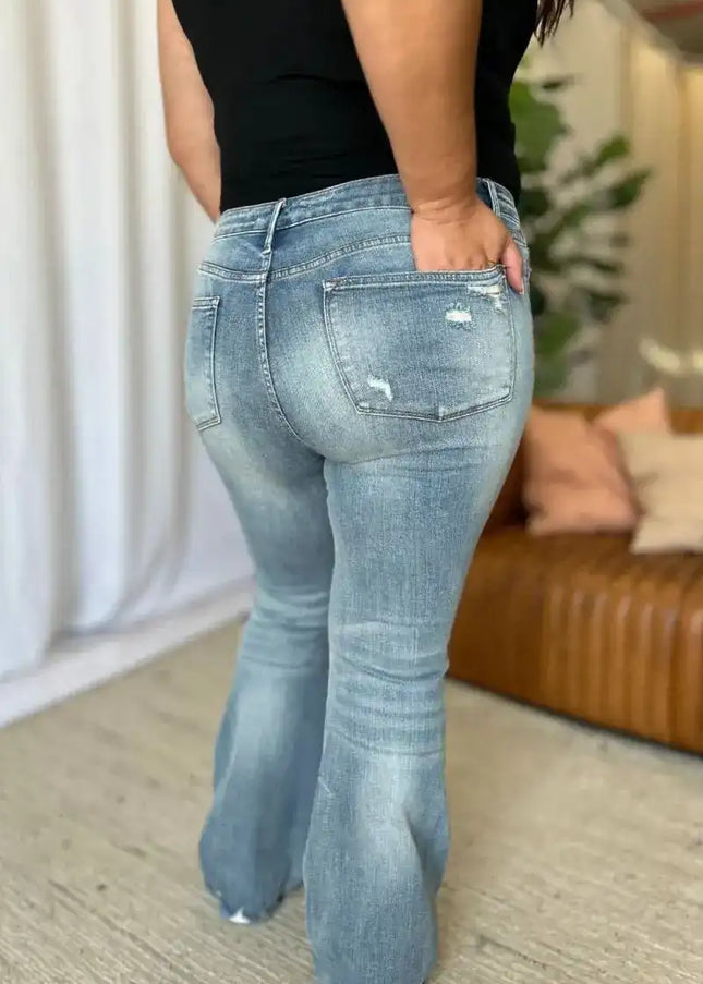 Judy Blue Medium Rise Tummy Control Destroy Flare Jeans 88594 - Sleekdenim.com