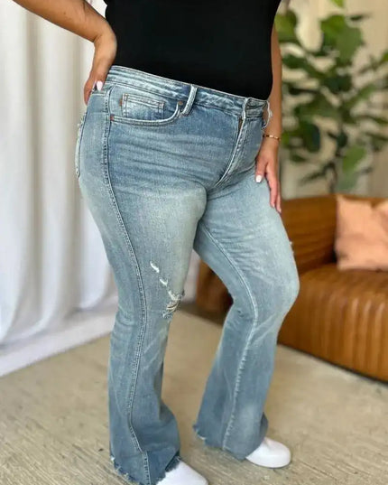 Judy Blue Medium Rise Tummy Control Destroy Flare Jeans 88594 - Sleekdenim.com