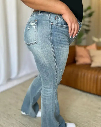 Judy Blue Medium Rise Tummy Control Destroy Flare Jeans 88594 - Sleekdenim.com