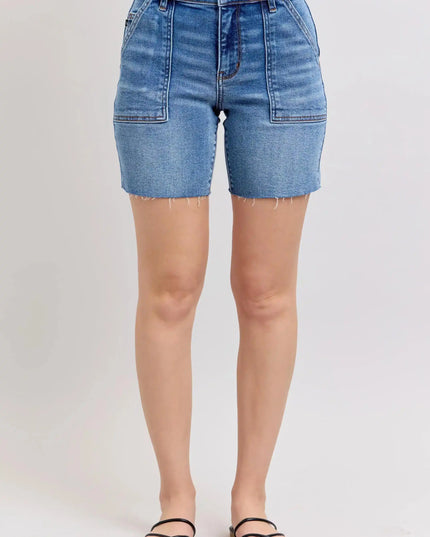 Judy Blue Mid Rise Bermuda Shorts with Flap Pockets Denim Short 15288 - Sleekdenim.com