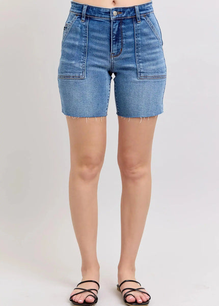 Judy Blue Mid Rise Bermuda Shorts with Flap Pockets Denim Short 15288 - Sleekdenim.com