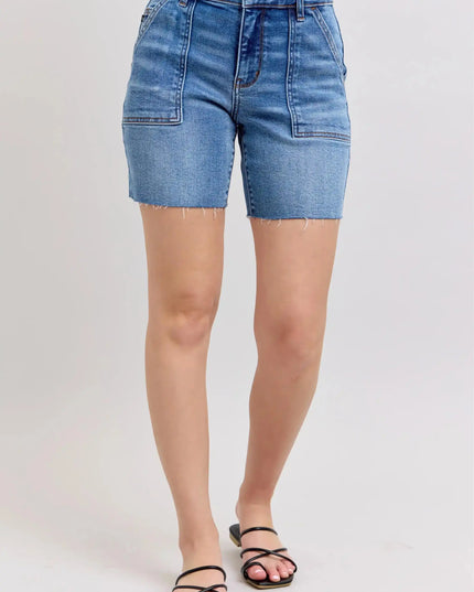 Judy Blue Mid Rise Bermuda Shorts with Flap Pockets Denim Short 15288 - Sleekdenim.com