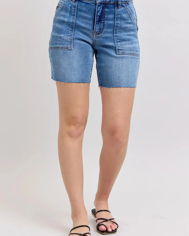 Judy Blue Mid Rise Bermuda Shorts with Flap Pockets Denim Short 15288 - Sleekdenim.com