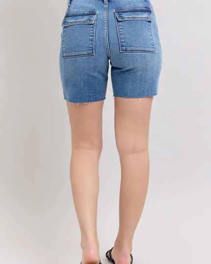 Judy Blue Mid Rise Bermuda Shorts with Flap Pockets Denim Short 15288 - Sleekdenim.com