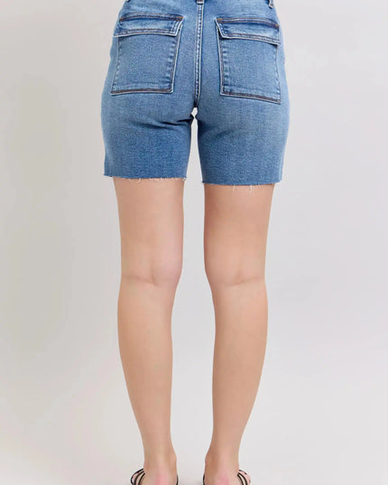 Judy Blue Mid Rise Bermuda Shorts with Flap Pockets Denim Short 15288 - Sleekdenim.com