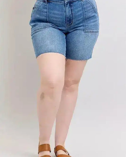 Judy Blue Mid Rise Bermuda Shorts with Flap Pockets Denim Short 15288 - Sleekdenim.com