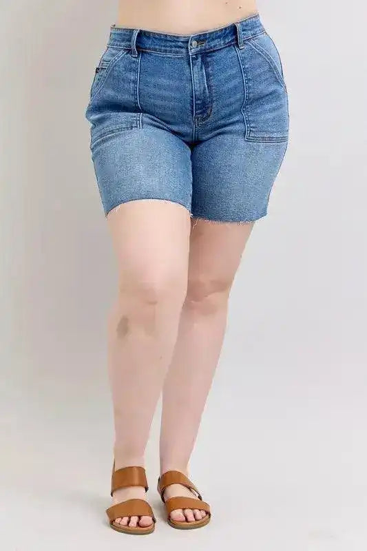 Judy Blue Mid Rise Bermuda Shorts with Flap Pockets Denim Short 15288 - Sleekdenim.com
