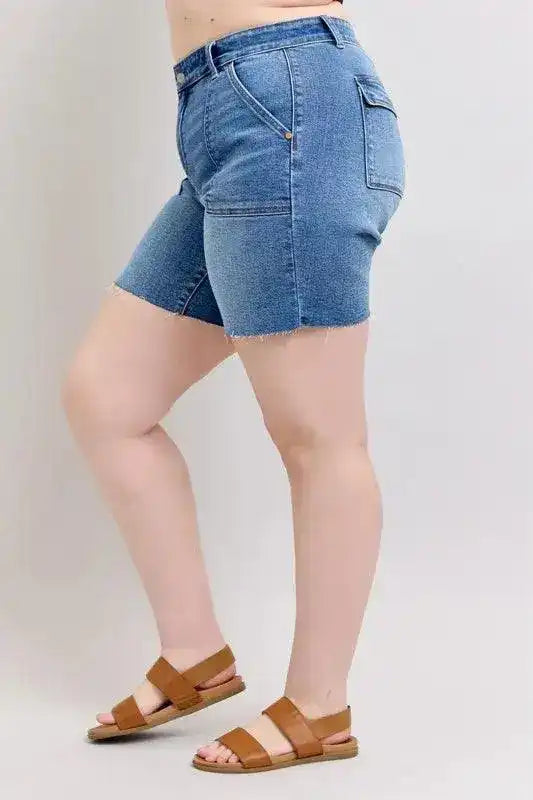 Judy Blue Mid Rise Bermuda Shorts with Flap Pockets Denim Short 15288 - Sleekdenim.com