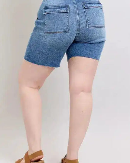 Judy Blue Mid Rise Bermuda Shorts with Flap Pockets Denim Short 15288 - Sleekdenim.com