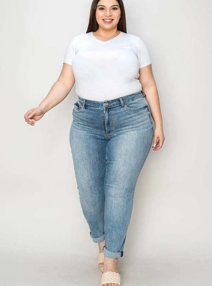 Judy Blue Mid Rise Cuffed Slim Denim Jeans 82441 - Sleekdenim.com